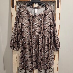 Jules & James Snakeskin Print Babydoll Tunic Top Brown Tan XL Balloon Sleeve